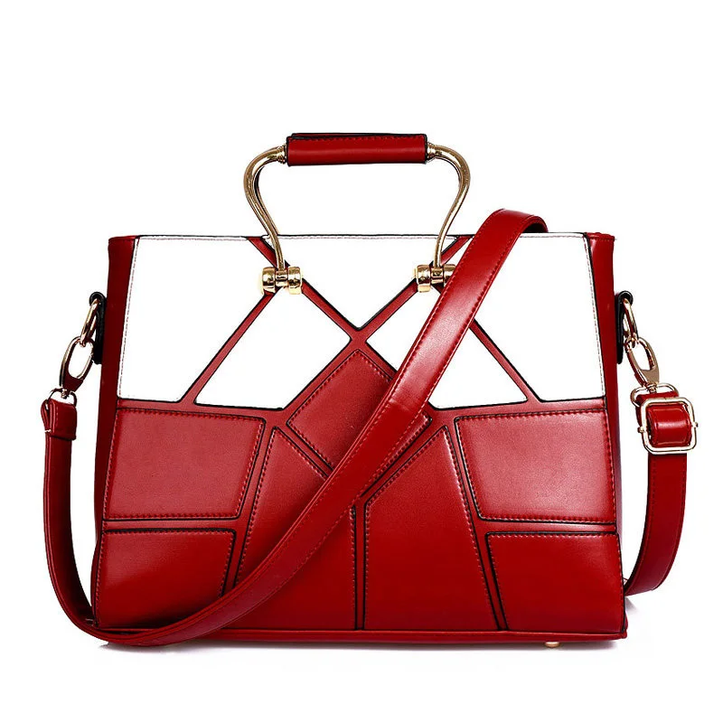 Luxury Elegant PU Hand Bag 2016 New Women Retro Patchwork Red And Black Geometric Splicing Plaid