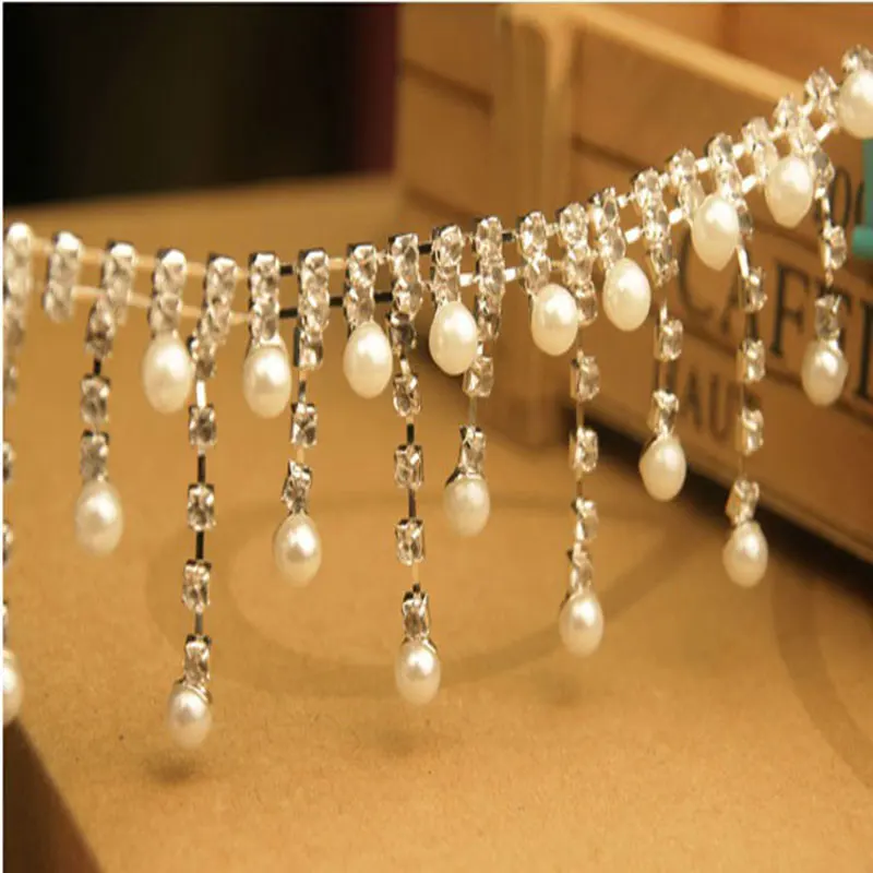 30CM Length Simulation Pearl Beaded Lace Trim Crystal Tassel Fringe Ribbon For DIY Latin Dress