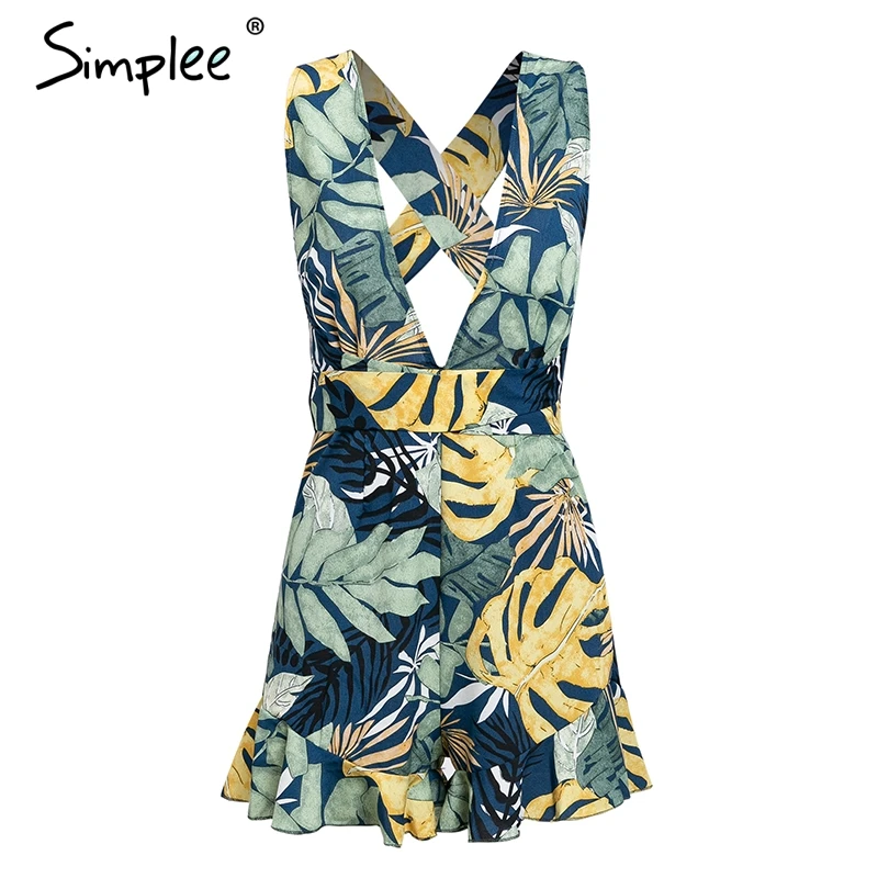 

Simplee Deep v-neck bohemian leaf print women playsuit Summer beach holiday ladies jumpsuit romper Sexy backless sashes overalls