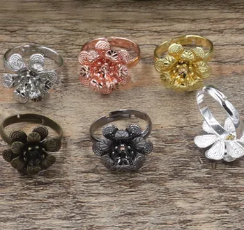 

Blank Adjustable Rings Settings with 18x5mm Vintage Filigree 3D Flower Bases Rings Findings DIY Making Multi-color Plated