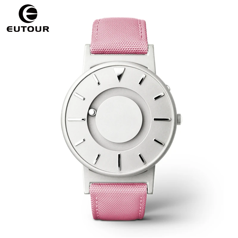 

2018 EUTOUR Magnetic Ball Pointer Quartz Watch Women Pink Canvas Strap Creative Ladies Watch For Blind Man horloges vrouwen