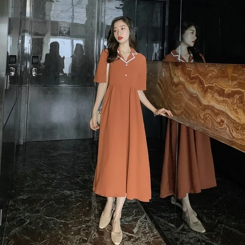 

Elegant Turn-down Collar Preppy Style Midi High Waist Dresses Women Fashion Runway Dress Short Sleeve Women Maxi Dress Korean
