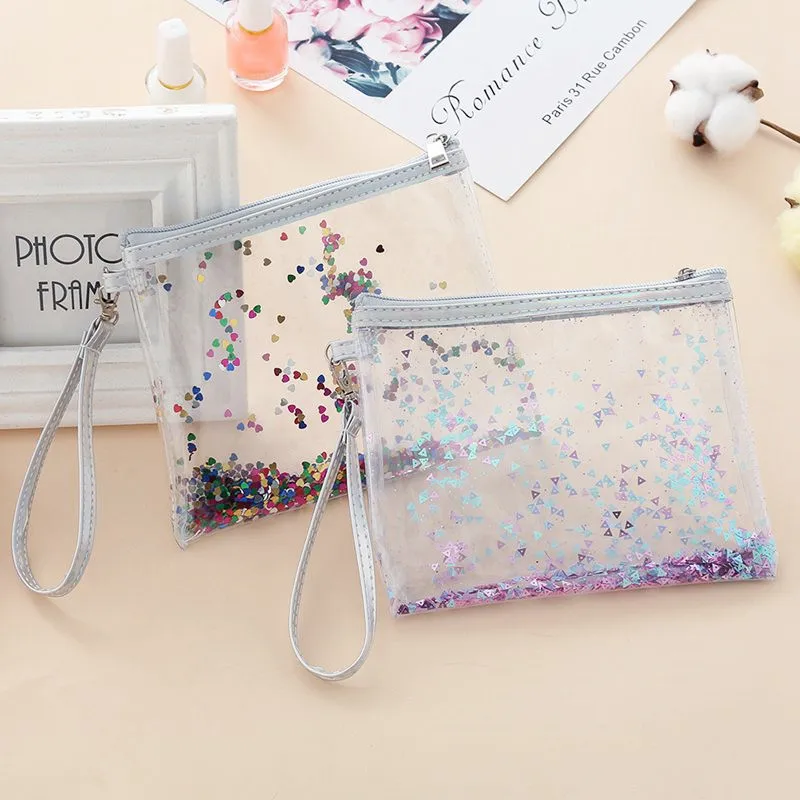 Casual PVC Zipper Cosmetic Beauty Bag Hand Pull Sequin Quicksand Make Up Bag Pouch Travel Portable Makeup Wash Bag Necessarie