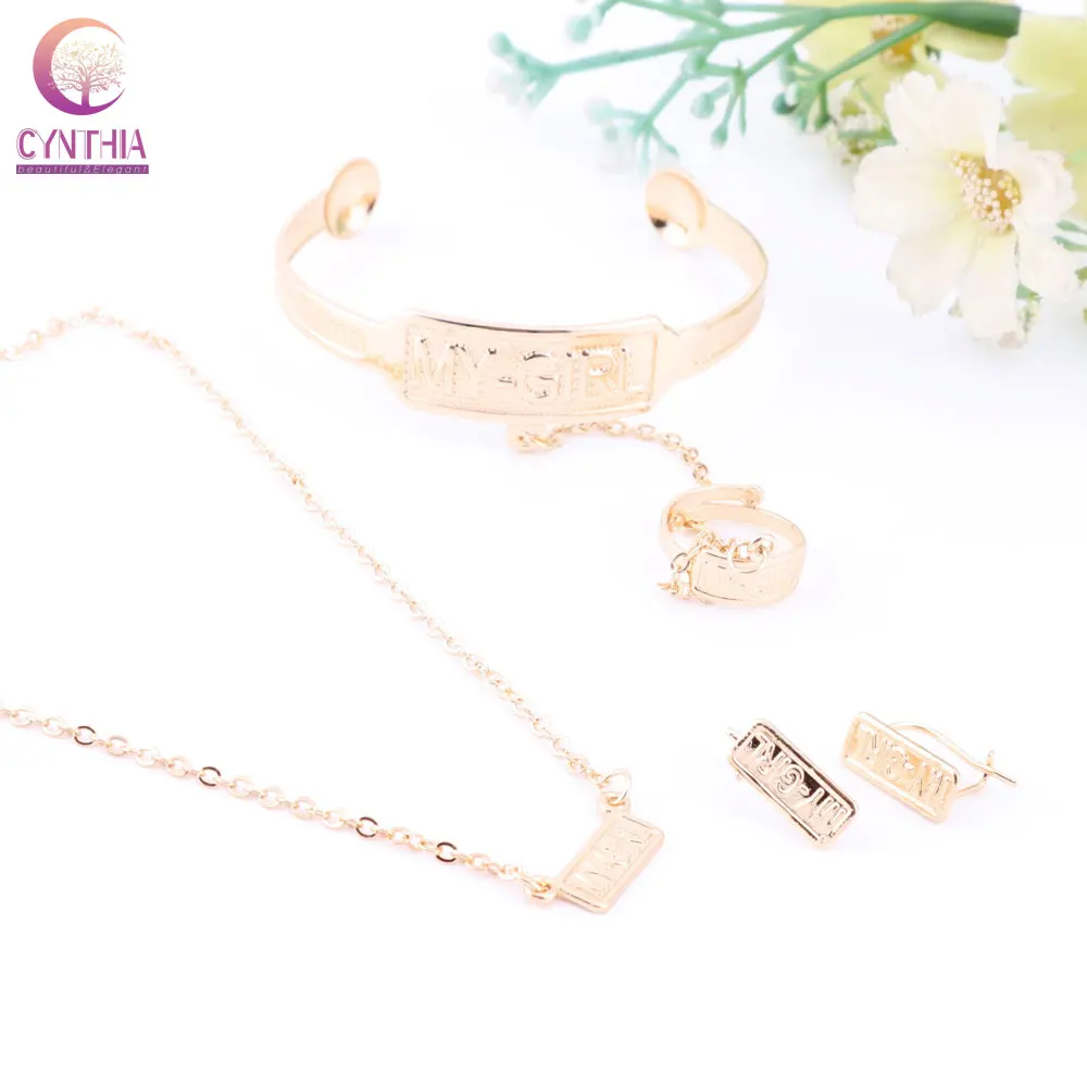 

Gold Color Fashion Children Baby Jewelry Sets Necklace/Earrings/Ring/Bangle Kids Gifts