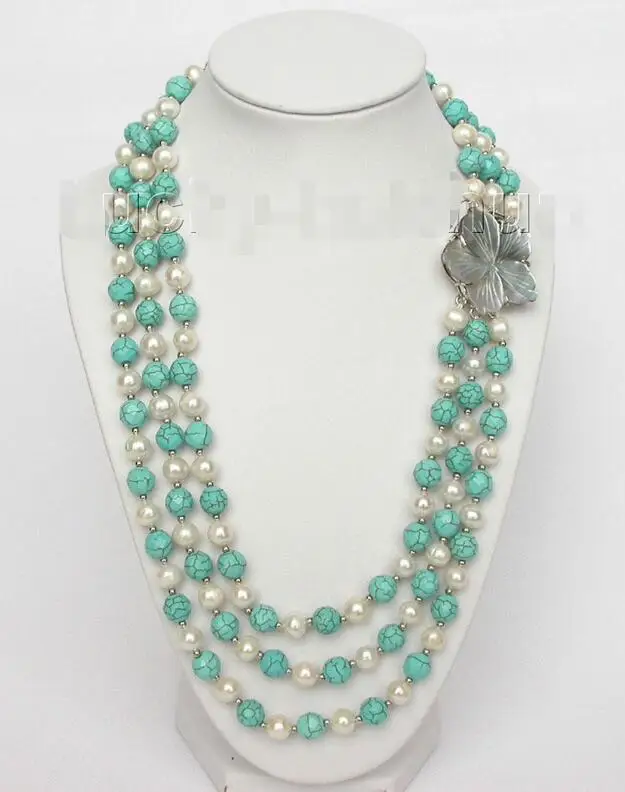 

FREE SHIPPING HOT sell new Style >>>>> Genuine 3row 8mm white pearl faceted turquoise necklace 18" j6961