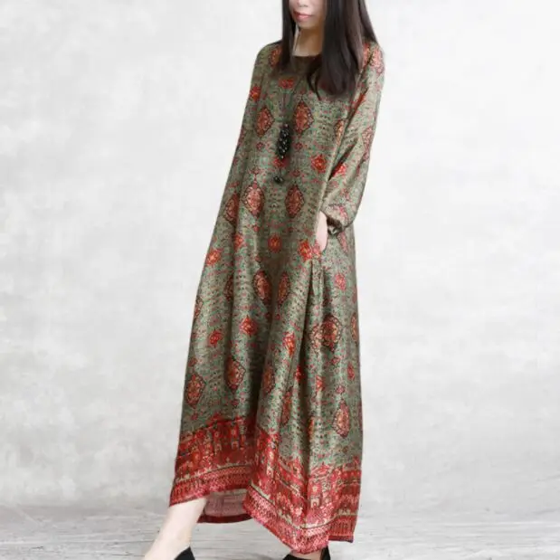 

Free shipping spring and summer new women's silk blend long-sleeved light print dress S72