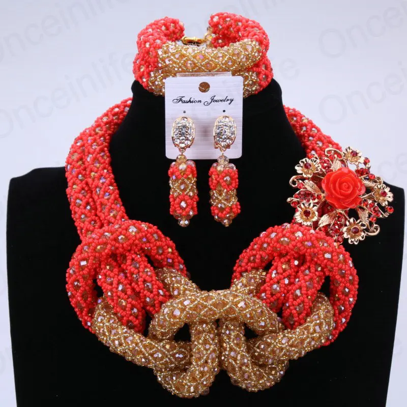 

Handmade Dubai Jewelry Sets Gold Red Bridal Necklace Set Indian Costume Jewellery Sets For Brides Women Free Shipping 2018 New