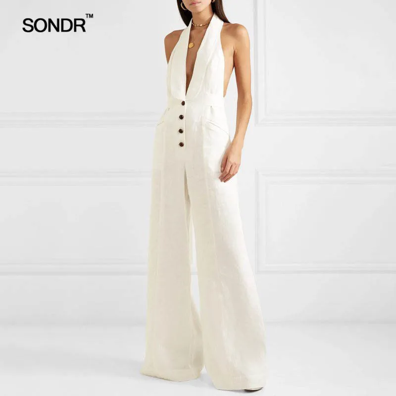 SONDR 2019 summer simple casual solid color women's broad-leg casual pants loose sexy deep V neck neck jumpsuit women SONDR 2019 summer simple casual solid color women's broad-leg casual pants loose sexy deep V neck neck jumpsuit women