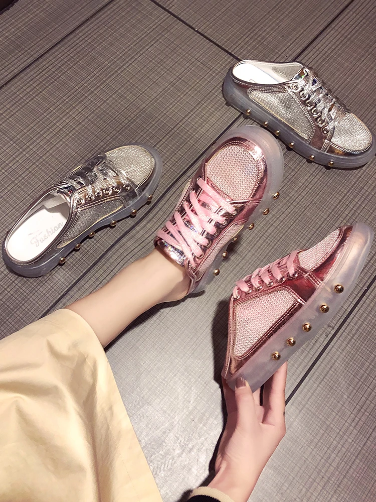 

2019 Korean version of the new spring mesh rhinestones with low shoes flat shoes student shoes women's shoes women sneakers