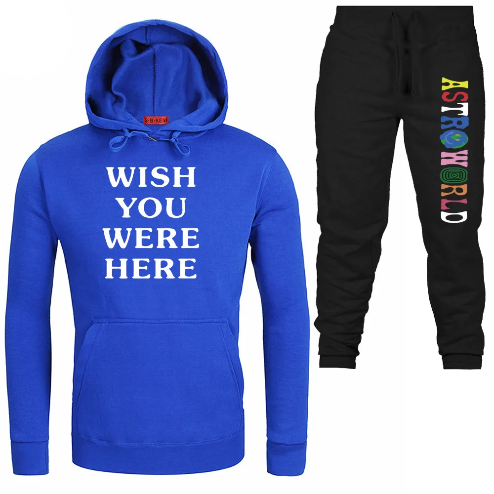 New WISH YOU WERE HERE Print Hoodies Tracksuit Men Sportswear Two Piece Sets Cotton Fleece Thick hoodie+Pant Sporting Suit