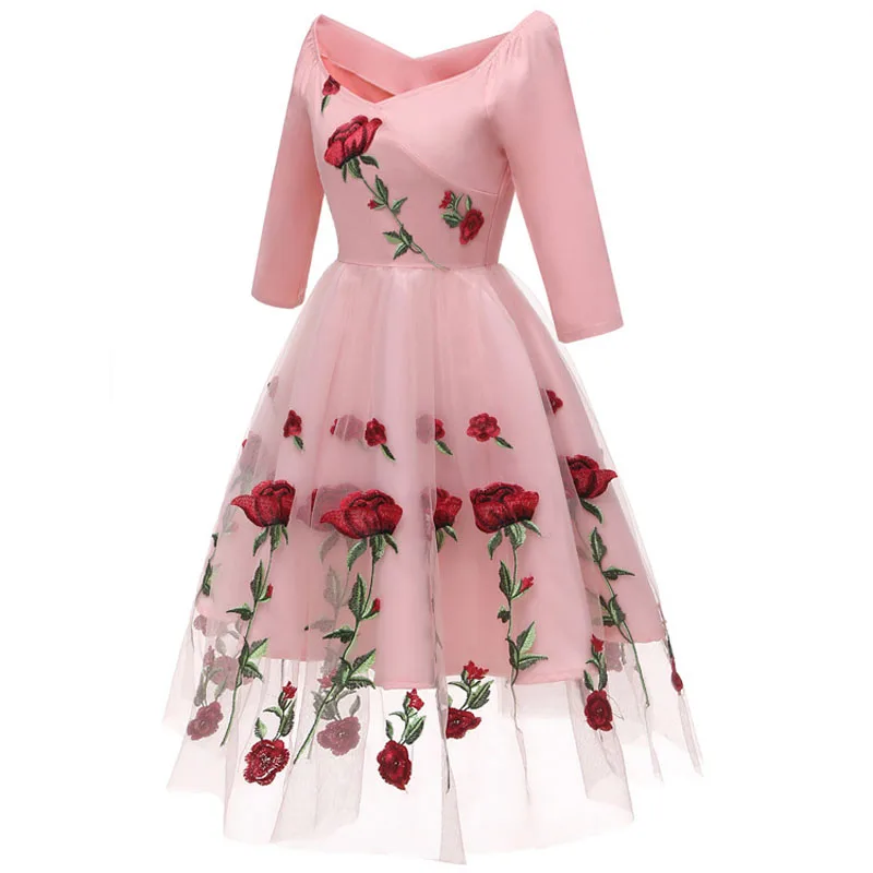 Розовое, черное, Белое Женское платье, вышивка, розовая Цветочная сетка, Марлевое Платье трапециевидной формы, женское платье для вечеринки, официальное платье на День святого Валентина