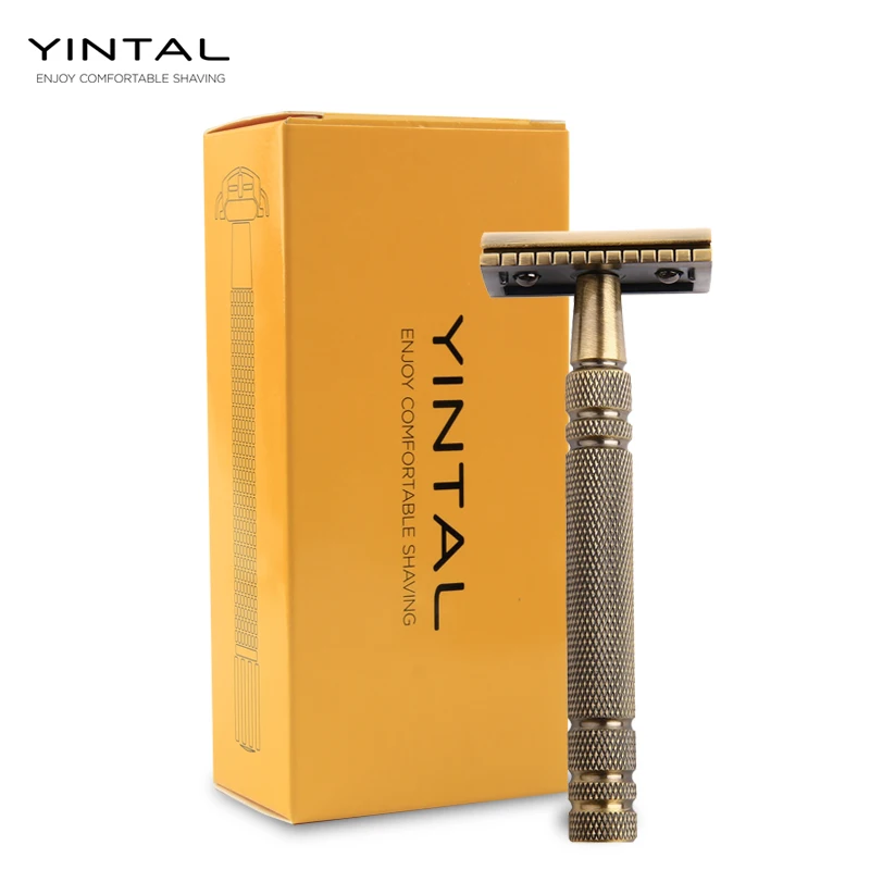 YINTAL الرجال البرونزية الكلاسيكية الوجهين دليل الحلاقة مقبض طويل سلامة شفرات الحلاقة شفرات استبدال الكلاسيكية
