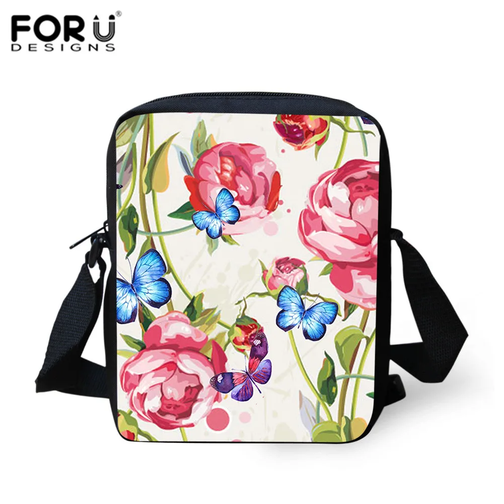 FORUDESIGNS Cute Crossbody School Bag Rose Butterfly Printed Messenger