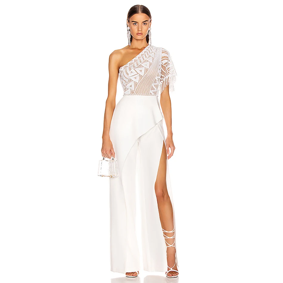 

Adyce 2019 New Celebrity Runway Jumpsuit Women Sexy White One Shoulder Short Sleeve Lace Rompers Jumpsuit Sexy Bodycon Bodysuits