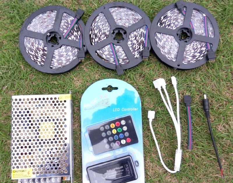 

15m RGB LED Flexible Strip Light 5050 5m/roll 300 leds Rope 12V + Music Controller + 15A Power Supply Adapter + 4PIN Connector