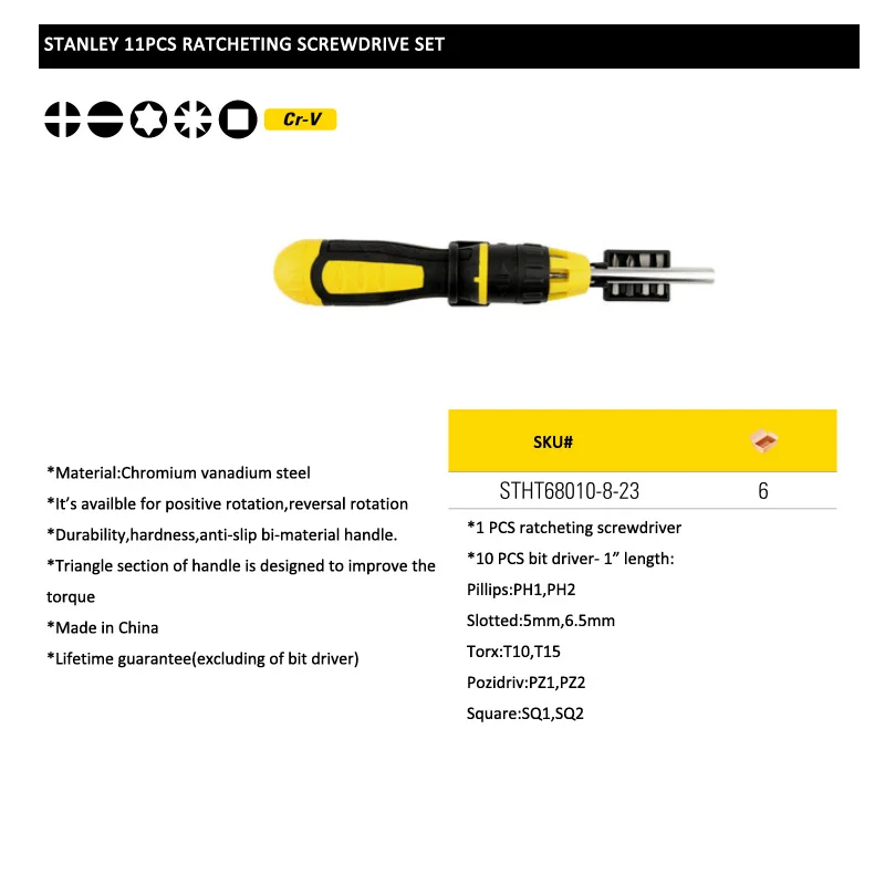 STHT68010-8-23 11pcs ratcheting screwdriver size
