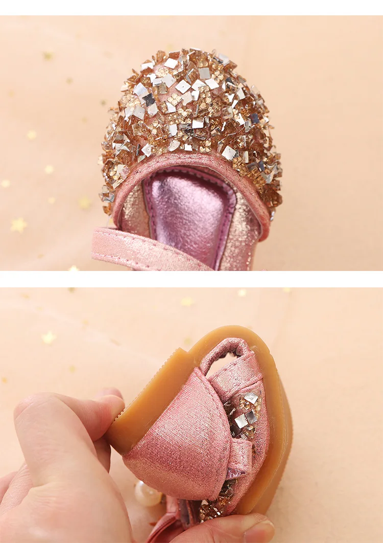 Золотая, серебряная, розовая летняя детская кожаная обувь; Повседневная обувь принцессы для девочек; обувь для вечеринок на плоской подошве; модная детская обувь с блестками и бантом и жемчугом