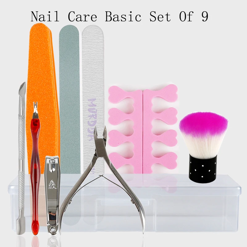 Инструмент для ухода за ногтями 10 комплектов ногтей роговой машинка для стрижки волос коробка для хранения щетка для пыли губка Сталь Push маникюрные принадлежности для ногтей