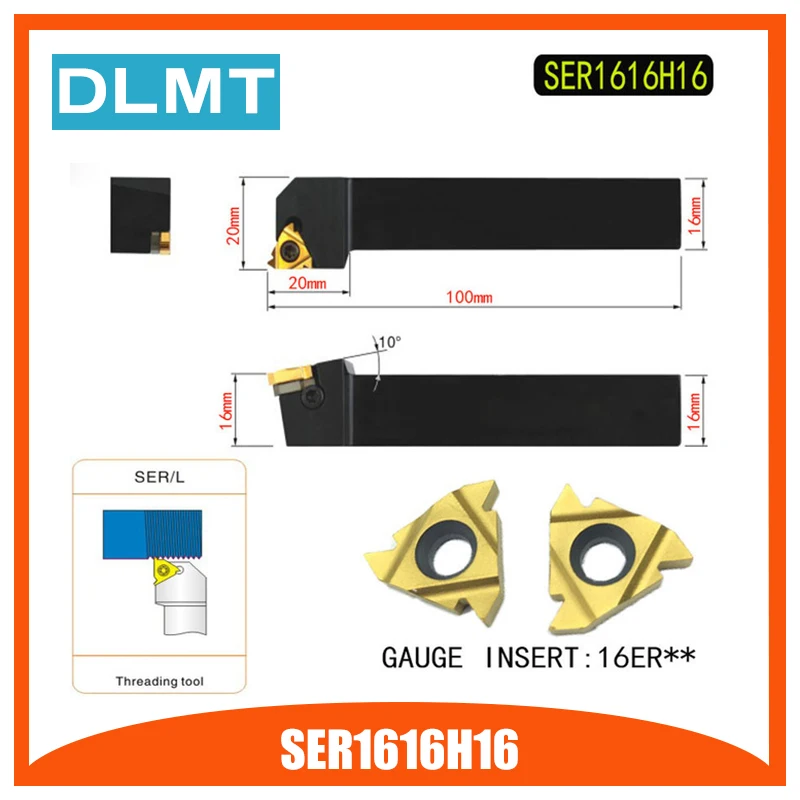 

SER1616H16 External Threading Tools Lathe Index Threading Turning Tool Holder For 16ER AG60 Insert Right Hand