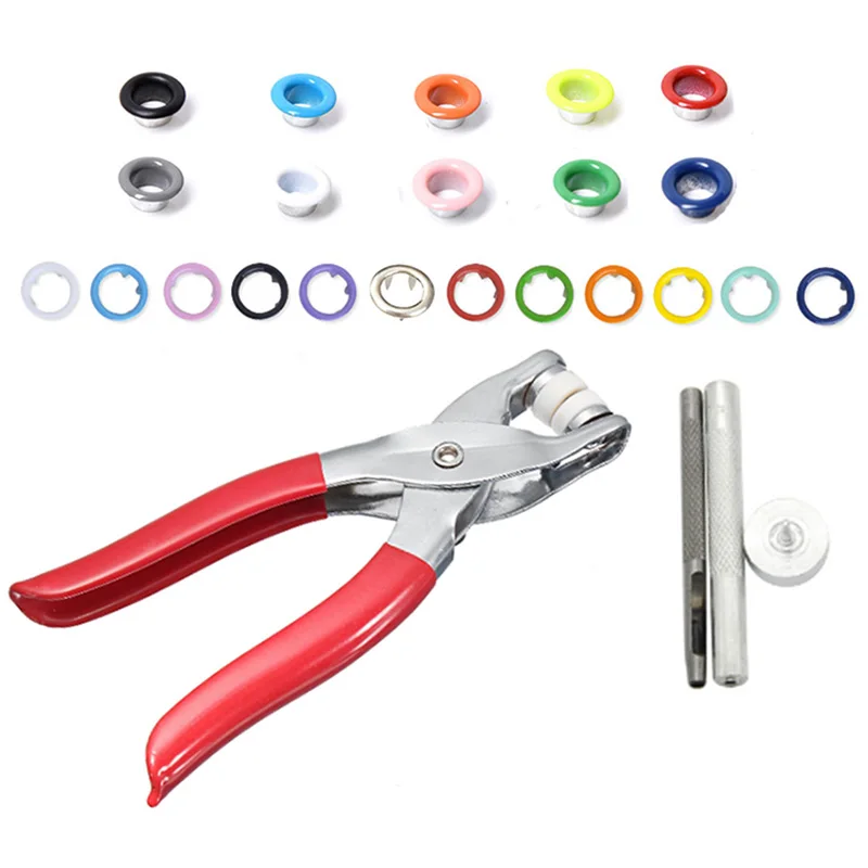 

1pcs Plier+1set Eyelets Tool+100sets 10 Colors 9.5mm Prong Snap Buttons Fasteners Press Studs Poppers Buckle+200pcs 5mm Eyelets