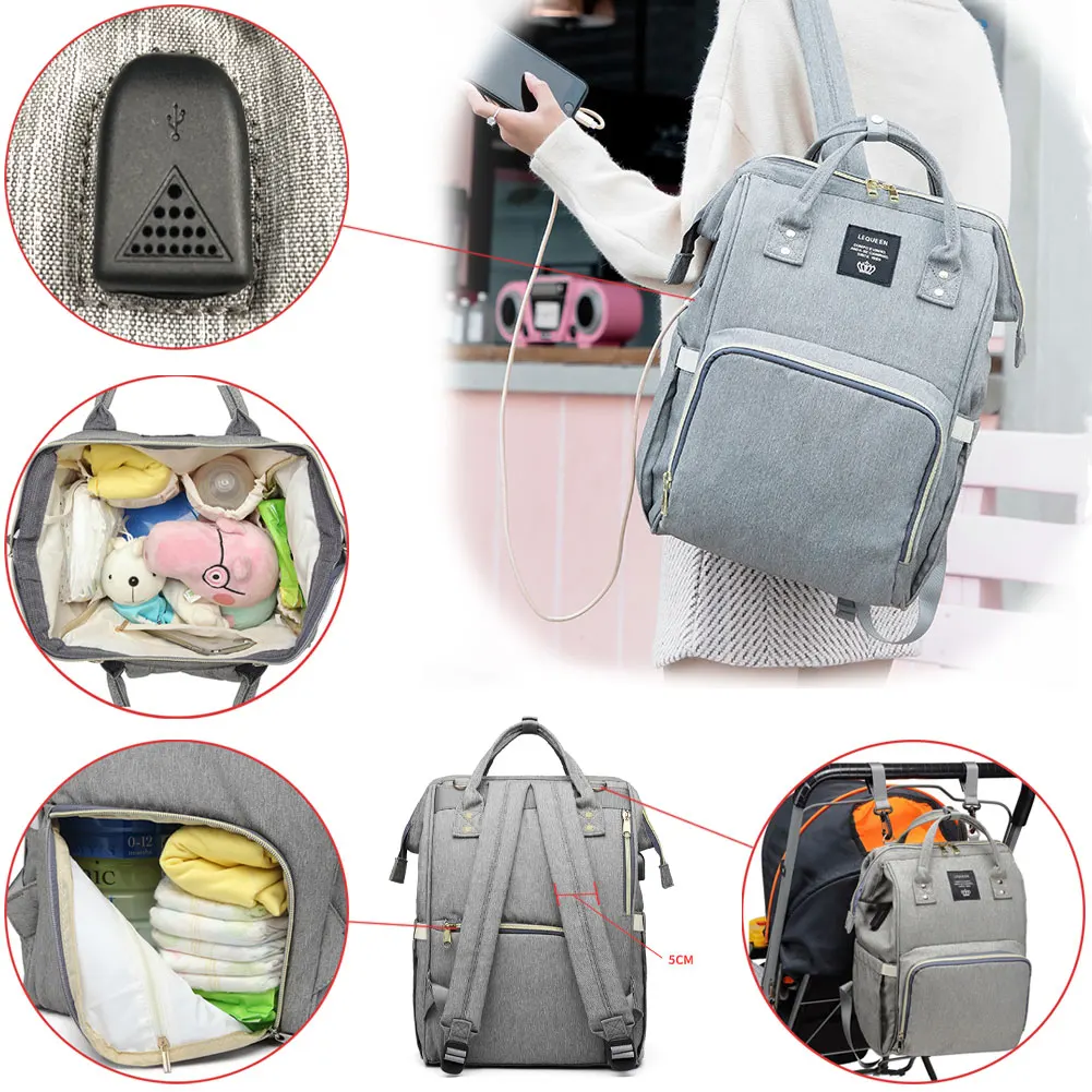 Lequeen сумки для подгузников с USB интерфейсом Мумия Материнство Подгузники Сумки большая детская сумка дорожные рюкзаки дизайнерская сумка для кормления уход за ребенком