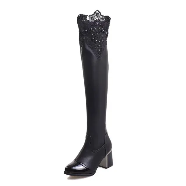 

2016 New Fashion Boots Sexy Lady Shoes High Heels Knee High Boots Flock Beading Women's Snow Winter Long Motorcycle Boots