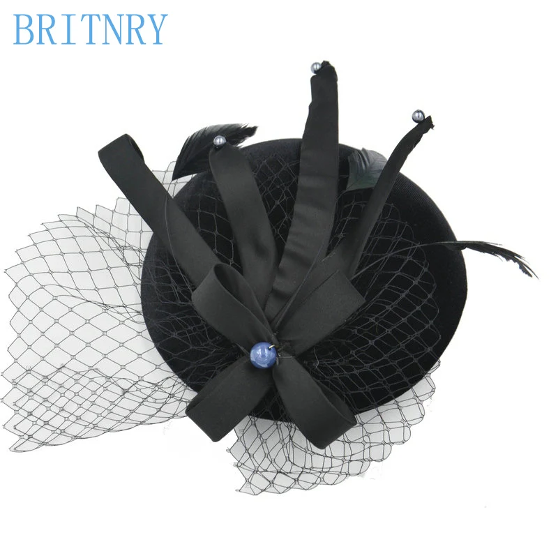 BRITNRY Новое поступление черная темно-синяя бежевая Свадебная шляпка с бисером перо Свадебная шляпка s для женщин Элегантная фатиновая