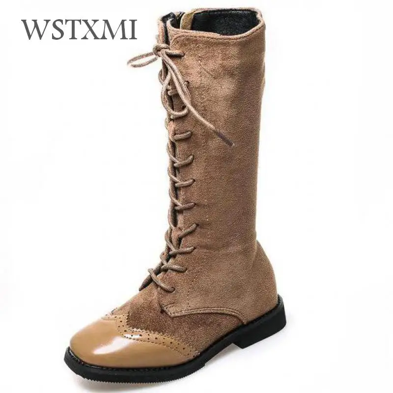 

2018 Winter Boots for Girls Shoes Kids Knee-high Roman Boot Genuine Leather Martin Boots Children Retro Cross-tied Fashion Boots
