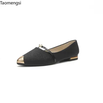 

Taomengsi Single shoes female spring new golden wedding shoes low heel casual tip shallow hundred pearl bride Shoes