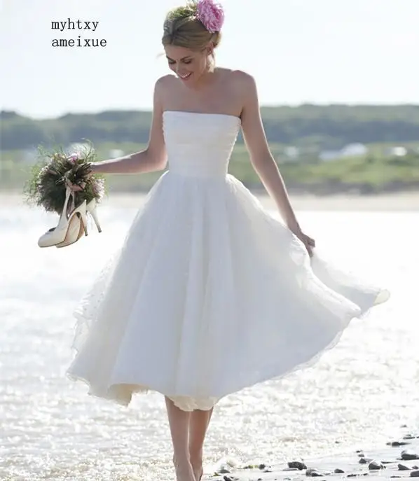 

Vestido De Noiva 2023 Sexy Short Wedding Dress Strapless A Line Zipper Back Mid-calf Organza Beach Wedding Gown Low Price