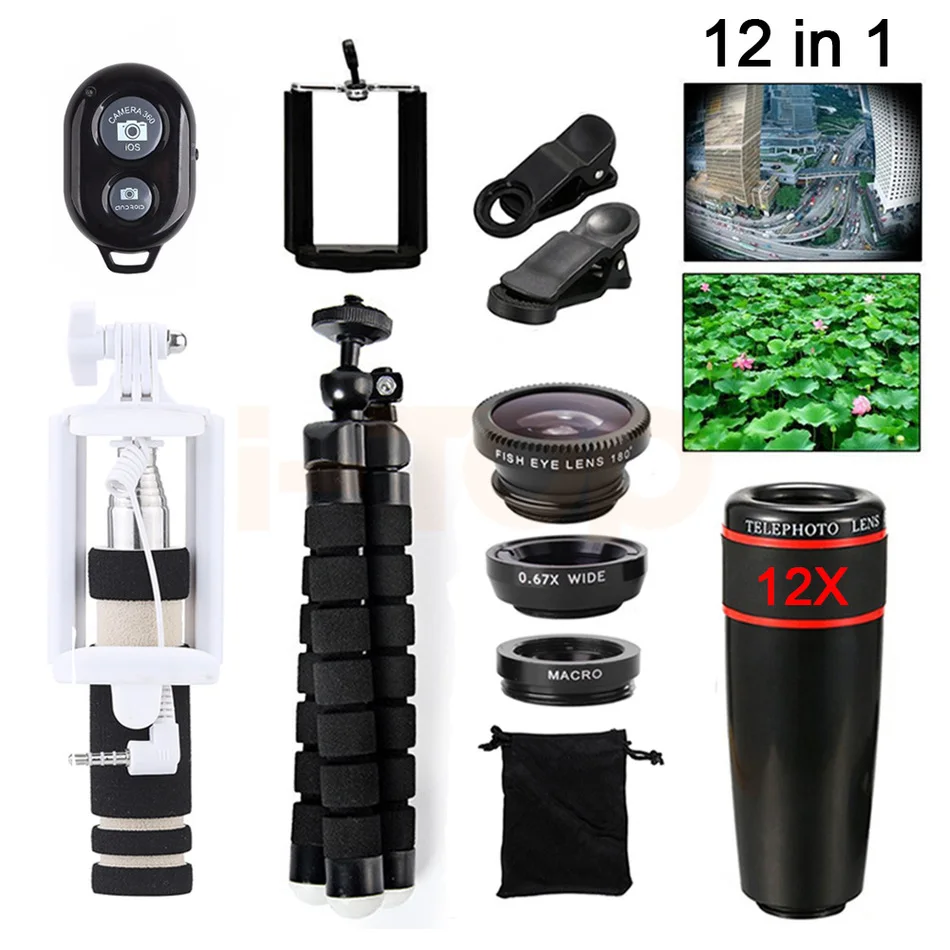 New Mobile lens Kit 12X Telephoto Zoom Lenses Telescope For Samsung S5 S6 S7 S8 edge Tripod Wide Angle Macro Fisheye Lentes | Мобильные