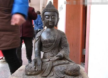 

150624 S1927 14"Tibet Buddhism Temple Classic Bronze Two Dragon Sakyamuni Buddha Statue