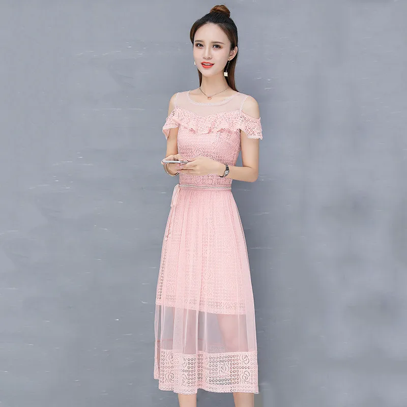

Summer Women Sexy Lace Patchwork Chiffon Dresses Lady Sashes Ruffle Sleeve Party Dress Female Sweet Ruffles Solid Vestidos Z132