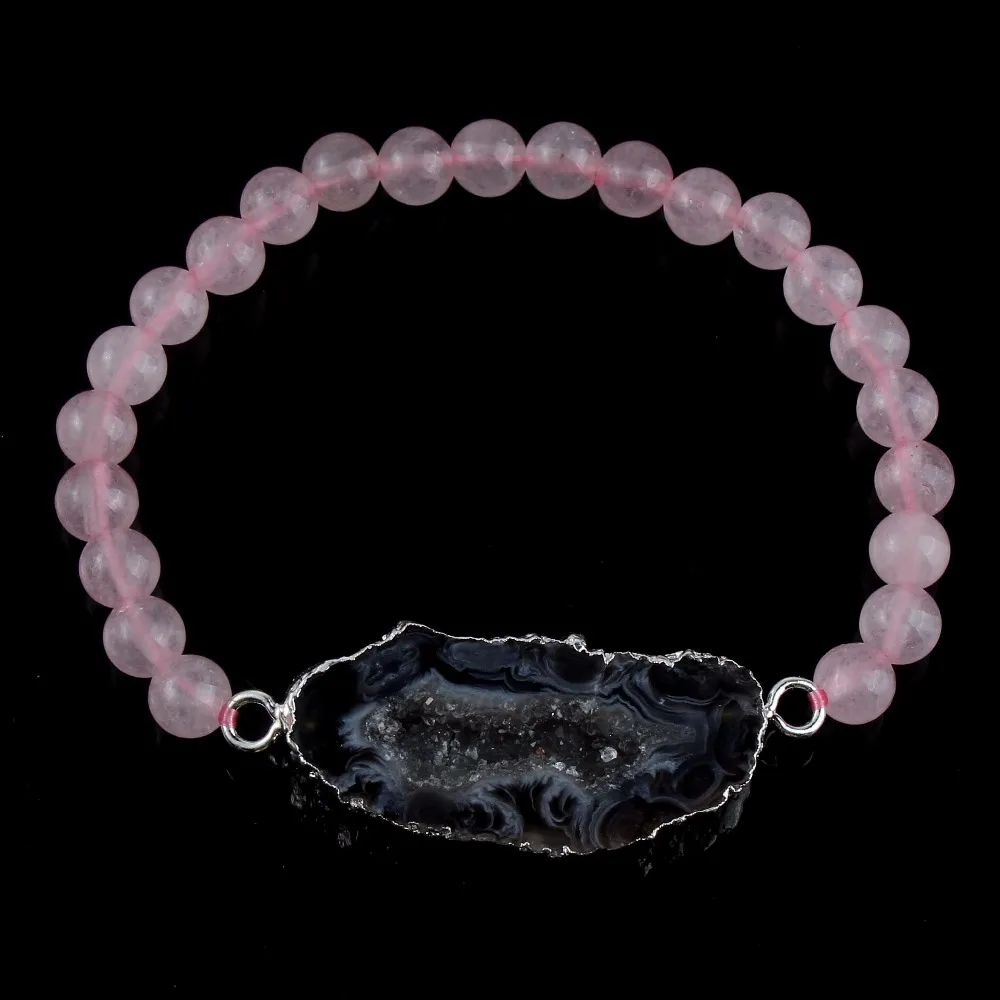 

Silver Plated Natural Geode Connector Bracelets 6mm Rose Quartzs Unakite Round Stone Beads Black Agates Charm Jewelry