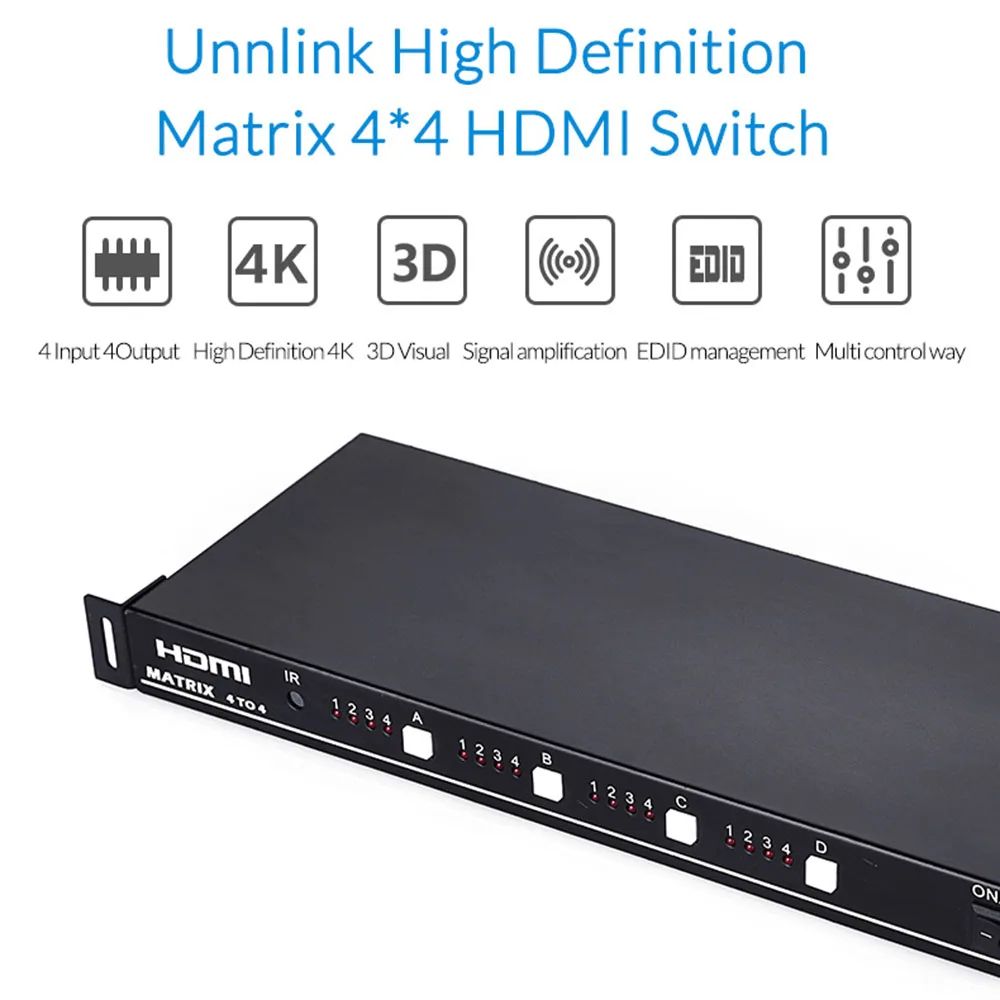 Unnlink HDMI 2,0 Matrix 4x4 UHD4K@ 60 Гц 1080@ 60 Гц разветвитель переключателя 4 входа 4 выхода матрица с RS232 ИК-пульт дистанционного управления для ТВ ps4