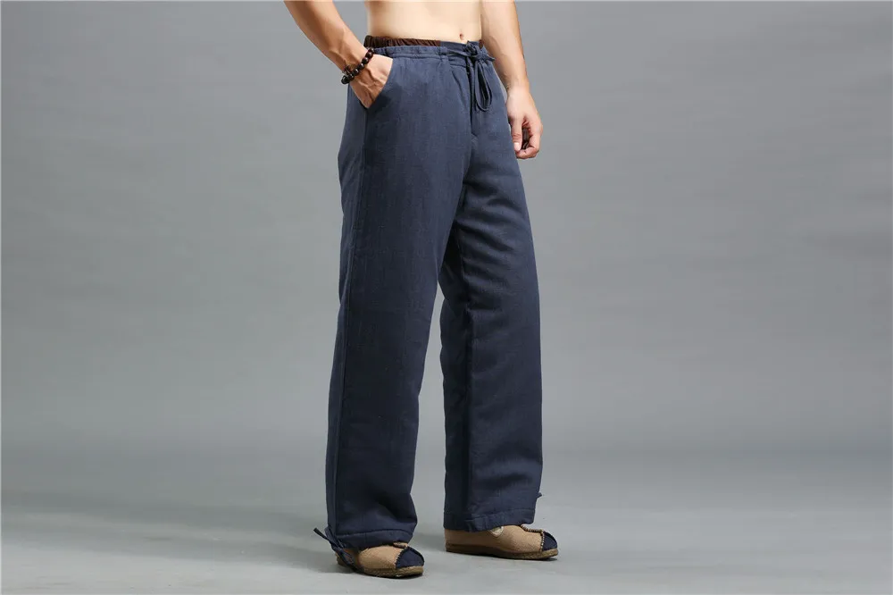 2018Winter men's cotton padded trousers comfortable pure linen elastic