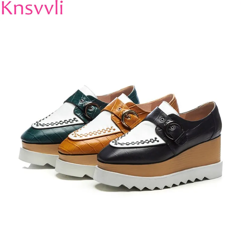 

Knsvvli platform shoes women 2018 autumm casual one word buckle thick bottom zapatos mujer mixed color shoes plataforma