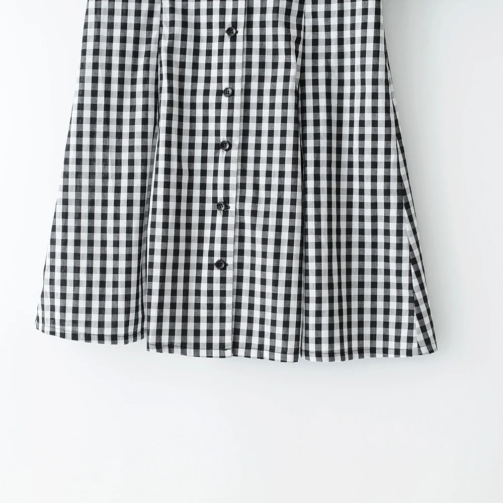 Женское винтажное платье с v-образным вырезом и пуговицами в клетку с рюшами, короткие рукава, мини-платья с v-образным вырезом