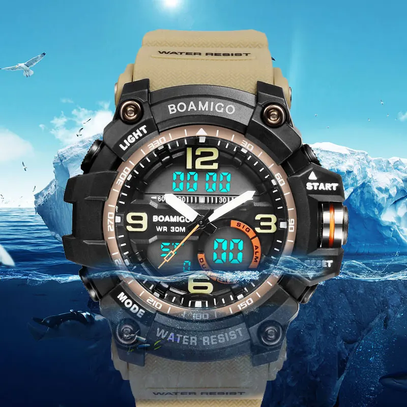 Billig BOAMIGO Männer Sport Military Armee Uhren Mann Quarz Armbanduhren LED Digital Uhr männlichen schock Wasser Beständig Uhr Reloj Hombre