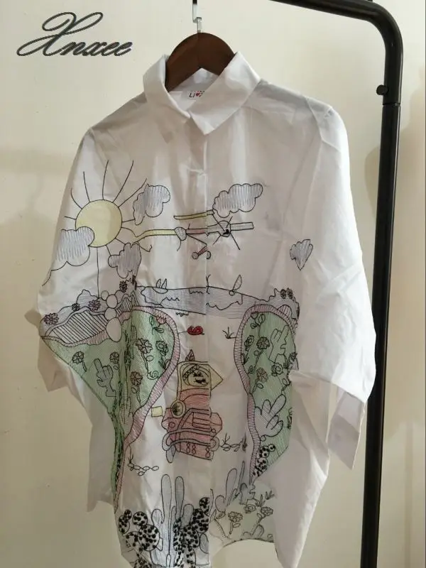 جديد الربيع و الصيف المرأة فضفاض قميص أبيض مطرز طويل بلوزة الكرتون الكتابة على الجدران الأزياء