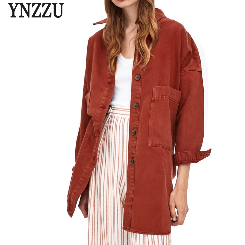 YNZZU Повседневное джинсовая куртка Для женщин 2018 осень красный модные Однобортный карманов женские свободные джинсовые пальто casaco feminino YO596