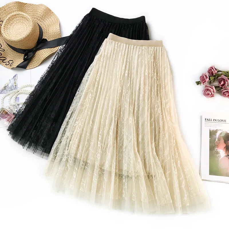 Women Long Tulle Skirt High Waist Elascity Maxi Pleated Skirt 2019 Spring Sweet Pink Party Skirt Fashion Lace A-line skirt Femal Women Long Tulle Skirt High Waist Elascity Maxi Pleated Skirt 2019 Spring Sweet Pink Party Skirt Fashion Lace A-line skirt Femal