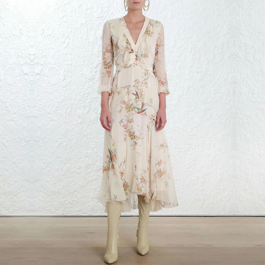 

High Quality 2019 Summer Runway Designer Ruffles Floral Print Sexy Deep V-Neck Elegant Woman Dress Silk or Chiffon Dress Vestido