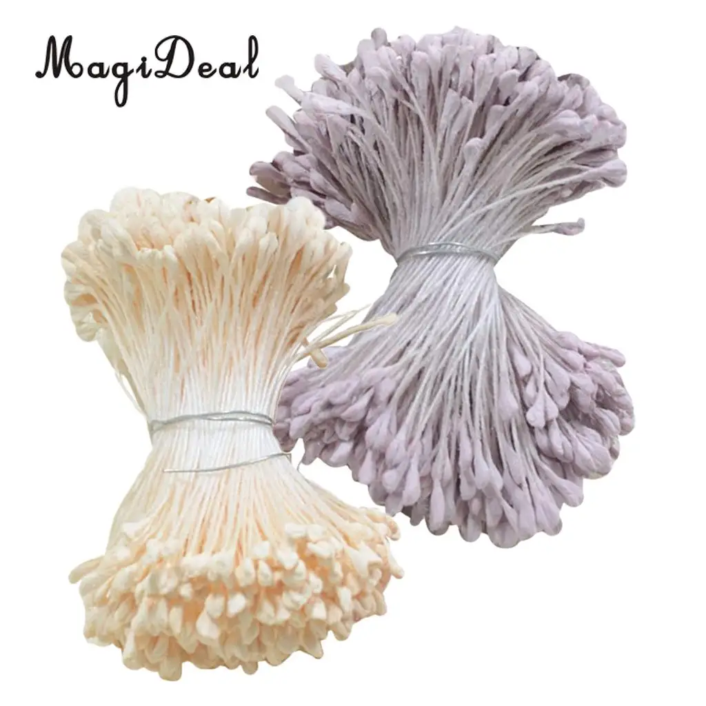 

720pcs 6cm Artificial Double Heads Flower Stamen Pistil for DIY Wedding Flower Ball Beige Purple