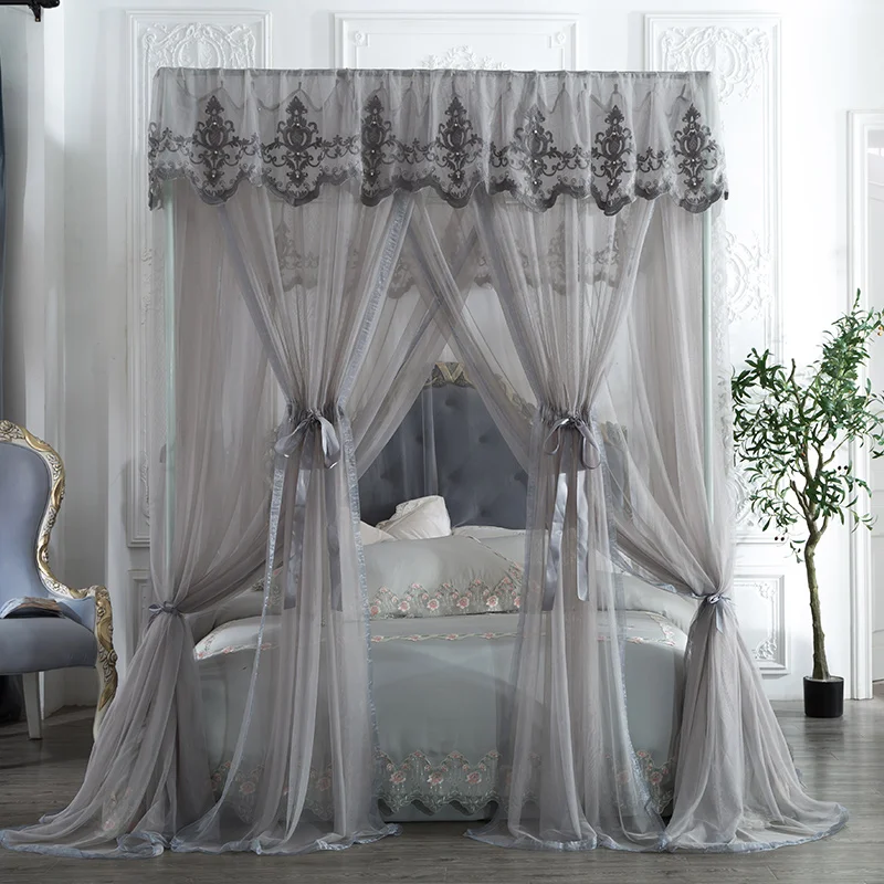 Silver gray Mosquito Net princess Lace Four Corner Post girls Canopy Bed Mosquito Net contain frame for Queen King Bed