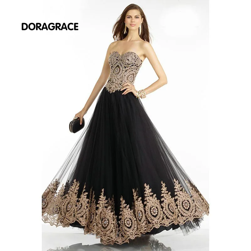 

robe de soiree Glamorous Applique Sweetheart Lace-Up Tulle Black Prom Dress Long Evening Dresses DGE027
