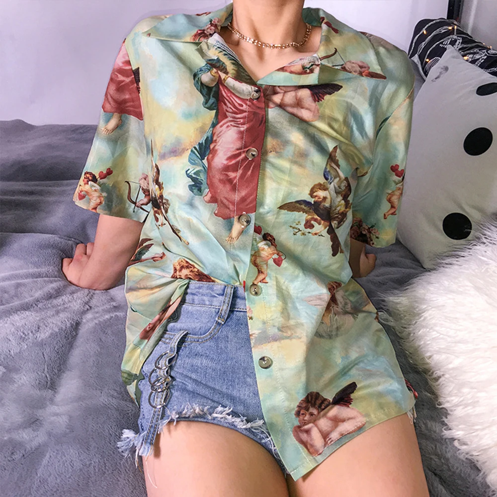 Vintage Angel Print Shirt Summer Aesthetic Cardigan Casual Turn-down Collar Short Sleeve Women Tops Fashion Woman Blouses 2019
