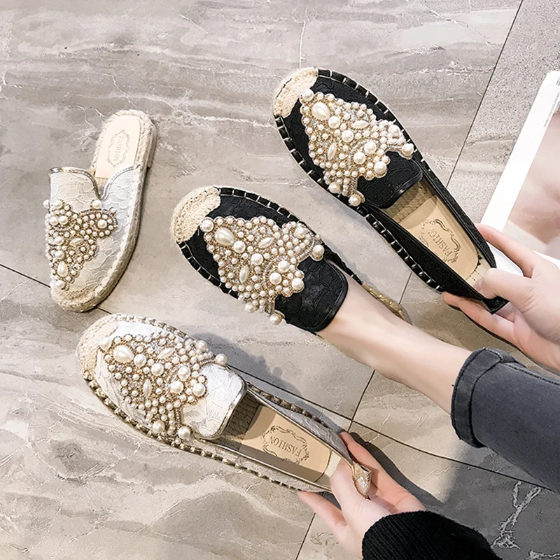 

New Korean beading straw knit fisherman oxfords luxury handsewn women shoes pearls crystal laces mules loafers flats ladies 2019