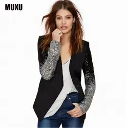 MUXU Новая осень Для женщин пальто Модная куртка пальто casaco Длинные рукава блеск черный лоскутное блесток chaquetas mujer Для женщин s Куртки