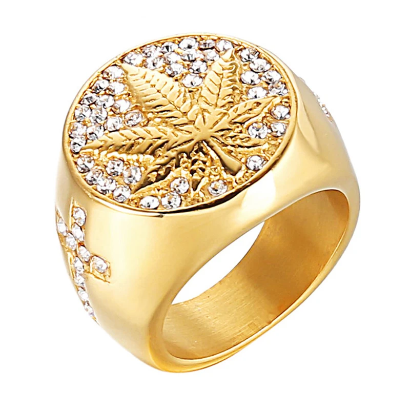 Hip Hop Rock piedra CZ Cannabiss hoja lleno de oro acero de titanio hielo redondo anillos para los hombres rapero joyas de tamaño 8 12|Anillos| - AliExpress